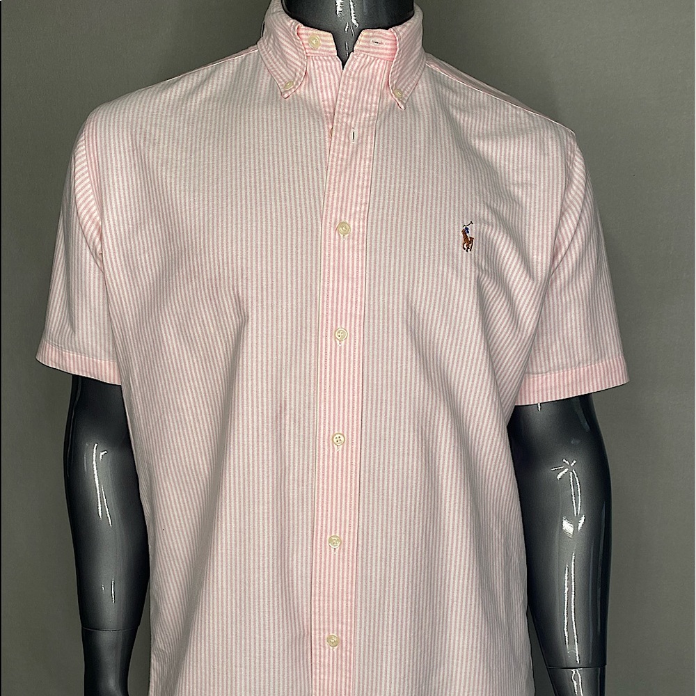 MENS PINK AND WHITE PINSTRIPE BUTTON DOWN  RAPH LAUREN POLO SHIRT